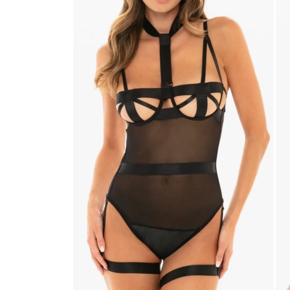 Oh La La Cheri Dena Harness Strappy Teddy S/M Black Sheer Lingerie